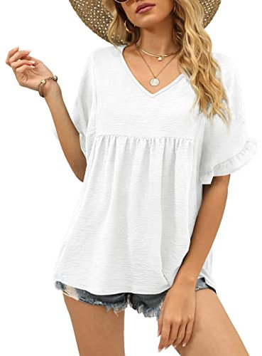 Ausla Blouse Femme à Manches Courtes Volants T-Shirt Décontracté d'été pour Femmes Col en V Haut Élégant Chemisier Lâche Femme Couleur Unie Lavage en Machine (M-Blanc)