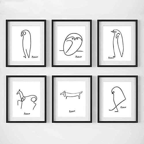 AIVYNA Picasso Minimalistische Strichzeichnung Tiere Poster Schwarz Weiß Wand Gemäldedrucke Leinwand Bild Wohnzimmer Wandbild Wohnkultur Rahmenlos 40×50cm×6pcs