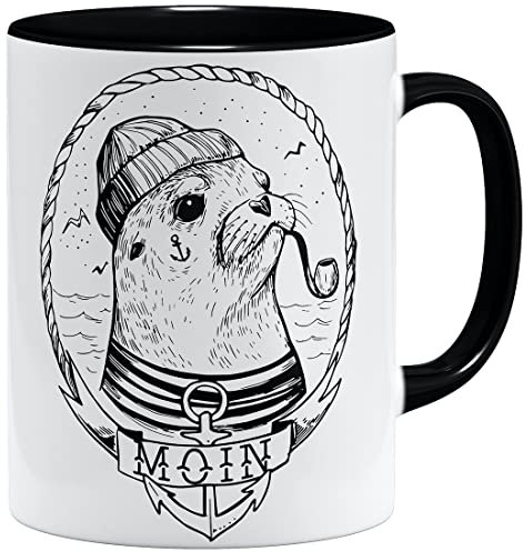 OM3® Moin mit Seehund Kaffee-Tasse nautical seal Robbe & Pfeife - Keramik Becher - 11oz 325ml - Beidseitig Bedruckt - Schwarz