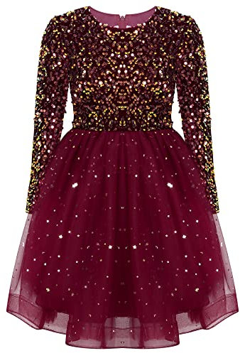 iEFiEL Mädchen Prinzessin Kleid Festlich Hochzeit Langarm Weihnachtskleid Kinder Glitzer Partykleid Festzug Tüll Kleidung Pailletten Ballkleid Rot Glitzer 146-152