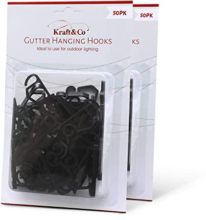 Kraft & Co 100 Gutter Hooks – Outdoor Hanging Clips for Lighting | Perfect for Garden String Lights, Christmas Fairy Lights | Strong Plastic Mini Guttering Hooks for Decorations (Black)