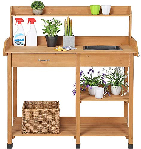 Yaheetech Mesa de Trabajo Jardín para Plantación con Terraza Balcón Gancho Fregadero Cajón 114.8x45x121 cm Color Madera