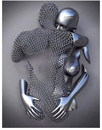 3D Bild Paar love heart 3d effect wall art, Liebe Herz 3D-Effekt Grau-Kunst Wand, Abstrakte Metallfigur Skulptur Wandbilder Wanddeko Wohnzimmer,B,50x70cm No Frame