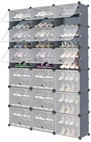 YIHATA Schuhregal für 72 Paar Schuhe Schuhschrank mit 3 x 12 Stufiger, Schmal, Staubdichter Kunststoff Schuhregale für Flur Schlafzimmer Eingang, mit Türen 30 x 40 x 30 cm pro Fach, Grau