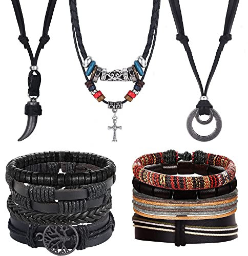 Kakonia 13Pcs Mens Bracelets Necklace Jewelry Set Adjustable Leather Bracelets Necklace for Men Black Brown Tribal Double Circle Pendant Necklaces Handmade Braided Bracelets (JJS07-B)