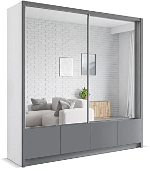 Kleiderschrank mit Schubladen Schrank mit Spiegel und Schiebetür 2-türig mit vielen Einlegeböden und Kleiderstange Gaderobe Schiebtüren Schlafzimmer - Wohnzimmerschrank SILU (Weiß, Grau, 204 cm)