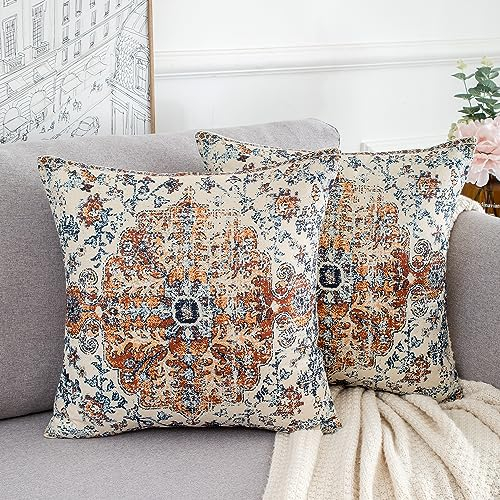 Sofakissen 40 X 40 Blau Deko Kissenbezug Türkischer Antiker Orientalischer Teppich Kissenhülle Moderne Abstrakte Leinen Kopfkissenbezug Kissen Bezüge Herbst für Wohnzimmer Schlafzimmer 2er Set
