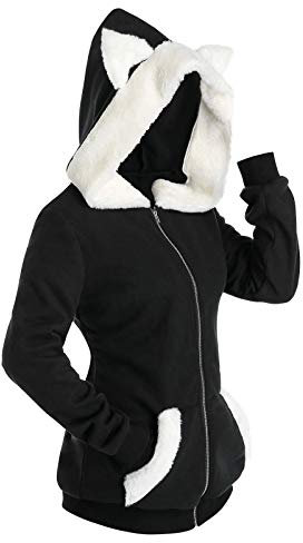 Sweat à Capuche Femme Oreilles de Chat, Sweat-Shirts Femme Grande Taille-Top Zippé Couleurs De Contrastées avec Poches Chaudes Peluche Hauts Noir et Blanc Mignon Automne et Hiver Sweatshirts
