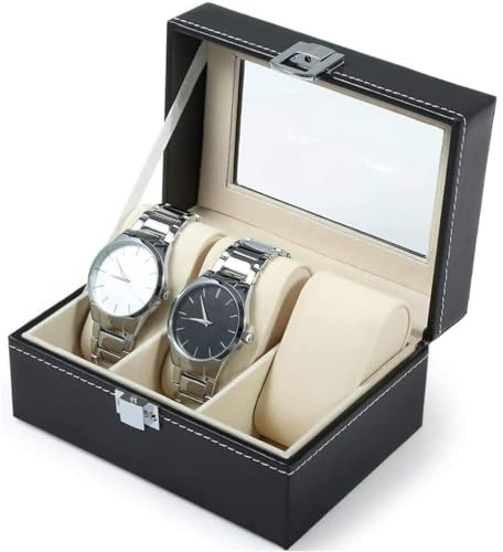 SXCCNW Uhrenbox mit 3 Fächern, Uhrenkasten mit Glasdecke, Uhrenkoffer mit Herausnehmbaren Uhrenkissen, Uhren Aufbewahrungsbox Premium-Uhrenschatulle für Geschenk für Boyfriend Ehemann Schwarz