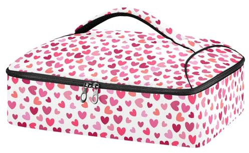 Mnsruu Pink Hearts Casserole Carrier for Hot or Cold Food, Insulated Casserole Dish Carrier Bag with Lid, Food Carrier for Travel Party Picnic Tote Bag