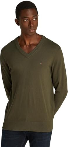 Tommy Hilfiger Hombre Jersey Cashmere V Neck Jersey de Punto, Multicolor (Army Green), S