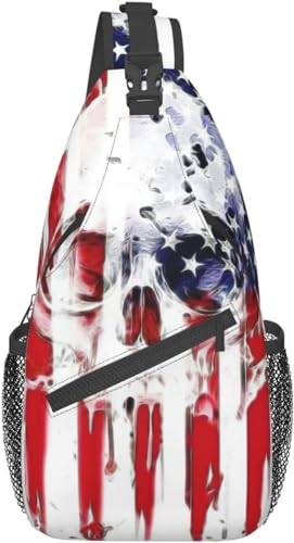 KWQDOZF Leichter Sling-Rucksack mit amerikanischer Flagge und Totenkopf-Motiv goldener Marmor Schulter-Brusttasche Sling-Tasche Reisen Wandern kleiner Rucksack