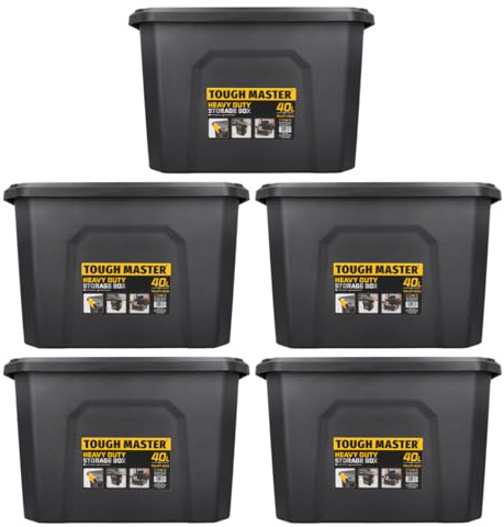 TOUGH MASTER Plastic Storage Box with Lid 40L, Box Size 49x38x32cm, Heavy Duty Tool Box Stackable for Home, Office & Workshop (Pack of 5)