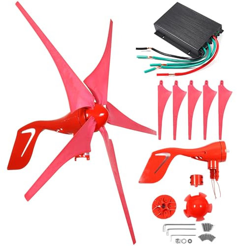 ZHOZHUT Generatore di Turbina Eolica 1000W Eolico Domestico Generatore 12V / 24V / 48V con Controller E 5 Lame Rosse, Kit Generatore Eolico Turbina per Ricarica Domestica Marina,1000w,48V
