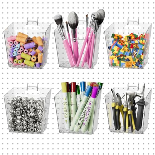 G.CORE Large Pegboard Cups Peg Board Storage Bin 6 Pack with Hooks, Square Box Shape Pegboard Cup Holder Accessories for Garage Workbench/Craft Room/Office/Playroom/Home Kitchen Organization (Clear)