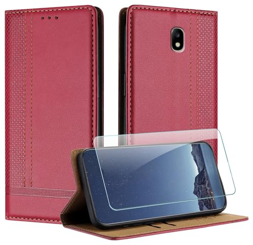JayModCase Funda para Samsung Galaxy J730 / J7 2017 con Protector Pantalla, Flip Leather Ranura Tarjeta Magnético Wallet Carcasa con Cierre magnético Soporte Plegable para Samsung J7 2017 - Rojo