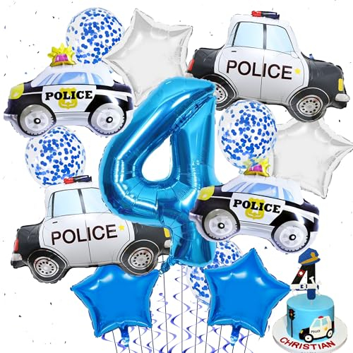 Polizei Geburtstag Deko 4 Jahre - 16 Stück Luftballon XXL Polizeiauto Folienballon Konfetti Ballon Sternballon und Tortendeko, Party Dekoration Kindergeburtstag für Jungen Mädchen