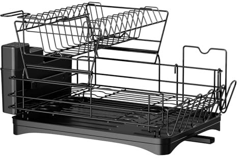 Escurridor de platos, escurridor de platos para encimera de cocina con soporte para utensilios, escurridor de platos de 2 niveles con escurridor para encimera de cocina con soporte para copas de vino