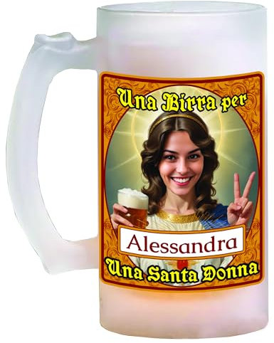 Bombo Boccale da birra in vetro personalizzato con il nome e la faccia del festeggiato etichetta Santa Donna