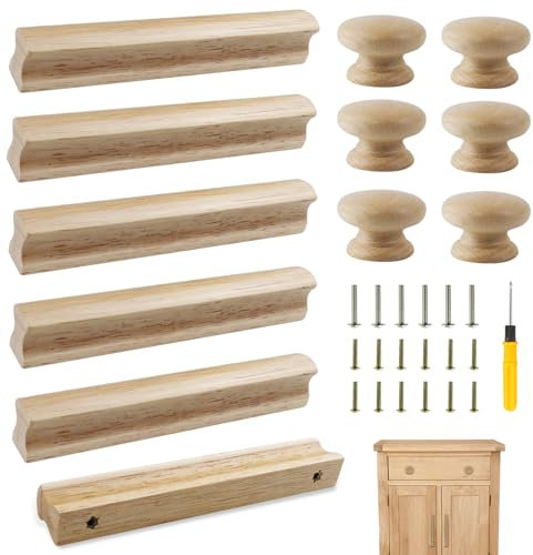 WZYTEU 12 Stück Möbelgriffe Holz + Möbelknöpfe Holz, Schrankgriffe Holz 128 mm Lochabstand für Tür Küchenschränke Schubladen, mit Schrauben & Schraubendreher