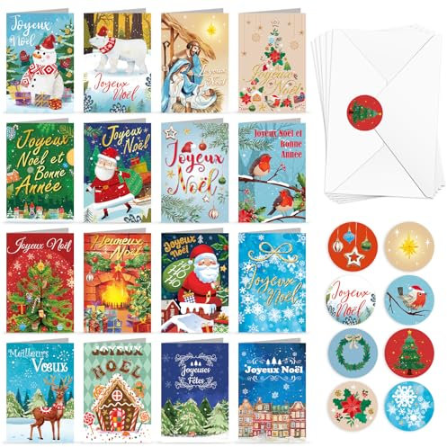 DPKOW 16 x Joyeux Noël Cartes avec Enveloppe Autocollants, Français Noël Cartes de Vœux Meilleurs Crèche de Noël Cartes, Heureux Noël Carte Postale Joyeuses Fêtes Carte Bonne Année