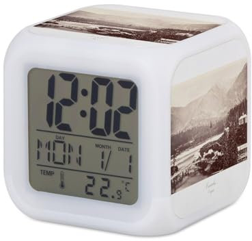 Fabulous Wecker Würfel beleuchtet Weiß – Altes Foto Wasserfälle im Oregon Original Vintage Schwarz & Weiß – 7,8 x 7,8 x 7,8 cm – Retro Beleuchtung mehrfarbig LED