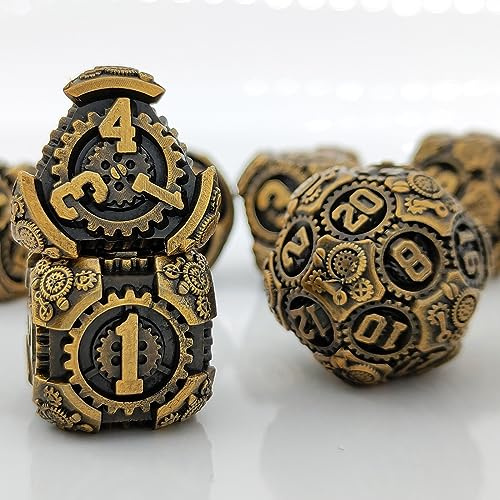 7PCS Solid Metal DND Würfel Set, Rollenspiel D&D Würfel, DND Metall Industrial Gear Würfel Set, Polyeder Metall Würfel Set für Pathfinder Warhammer RPG Brettspiele Vintage Golden