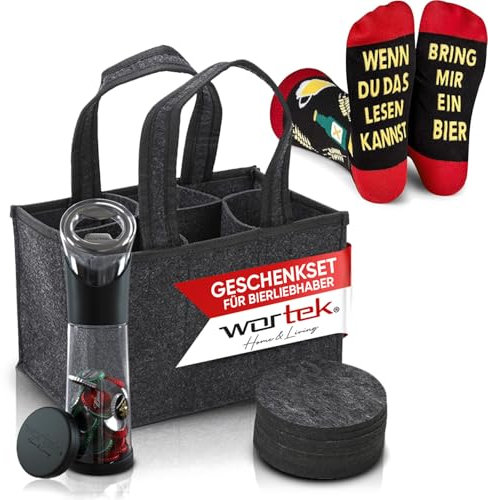Wortek lustige Geschenke für Männer Geburtstag - Männerhandtasche Bier Flaschenöffner mit Auffangbehälter Filzuntersetzer und Socken – Bier Geschenke für Männer lustige Socken 41-45 Geschenk Männer
