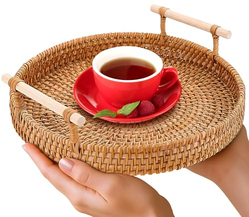 Rattan Tray 8.7-Inch Round – Woven Serving Basket with Handles – Decorative Tray for Coffee Table, Bread, Fruit, Vegetables, Restaurant & Home Use