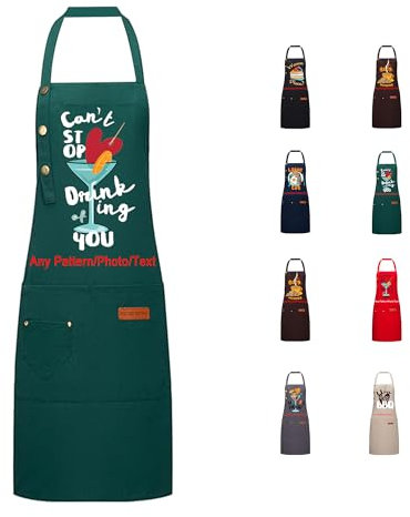 Personalised Aprons for Women Men with Pockets,Custom Printed Any Text, Image, or Logo, Adjustable Cross Waterproof Apron for BBQ Cooking, Gifts, Chef, Kitchen,Restaurant. (Green)