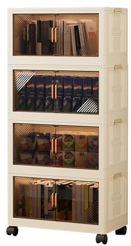 4 Tier Plastic Storage Boxes with Lids,Collapsible Storage Bins with Wheels,Stackable Storage Tower with Front Opening Doors,Storage Organizer for Bedroom Living Room Study Office(45×26×98cm)