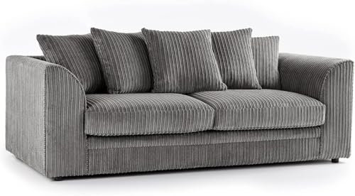 Bliss Furniture Jumbo Cord Scatter Back 3-Seater Sofa Dylan Scatter Back 3 Seater Sofa in Soft Cord Fabric: Redesign Your Living Room for Superior Comfort and Style (Grey, 3 Seater)