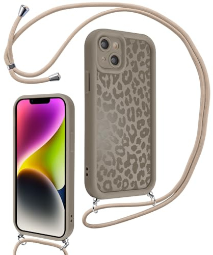 Xylota Funda con Cuerda para iPhone 14, Silicona Suave TPU Leopardo Protector Carcasa, Ajustable Cordon Colgar Collar Correa de Cuello Cadena Colgante Bumper Case para iPhone 14 6,1'', Marrón