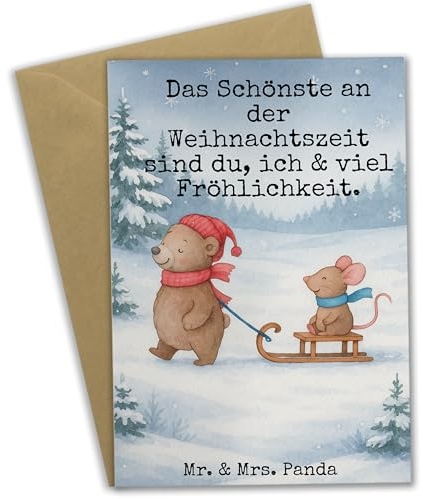 Mr. & Mrs. Panda Klappkarte Bär und Maus Schlitten Design - Geschenk, glückwunschkarten, weihnachtskarten, osterkarte, einladungskarten, Weihnachten, hochzeitskarten, Glückwunschkarte