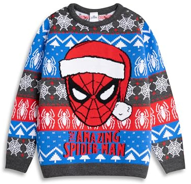 Marvel Spiderman The Amazing Spiderman Boys Grey Red Blue Christmas Jumper | Long Sleeve Crew Neck Holiday Wear | Kids Character Apparel | Spiderman Merch