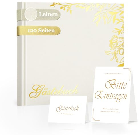 Foliom Gästebuch Set Hardcover Elfenbein 20x20 cm, 120 Seiten Blanko, Leinen & Goldfolie, mit Tischschild & Willkommenskarte – für Hochzeit, Geburtstag, Taufe, Jubiläum & Party