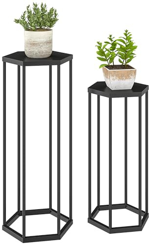 Outsunny 2er-Set Pflanzenständer, 75/60 cm Hexagonale Blumenständer für Innen Außen, Pflanzenregal aus Metall, Blumenregal, Blumenhocker, Blumentopfständer für Garten Balkon Deko, Schwarz