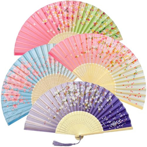 4 Pack Folding Hand Fans, Cloth and Bamboo (Pastel Tones) | Chinese-Style Handheld Fans with Tassels and Traditional Patterns for Weddings and Events
