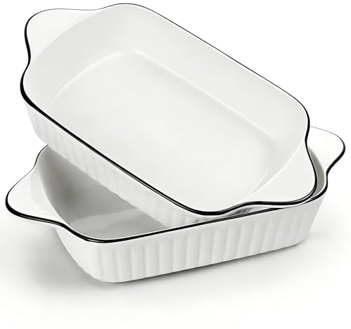 Yeelua Baking Dishes Set of 2, 8-inch Lasagne Dish, Rectangular Ceramic Baking Dish with Handles, Oven Dish, Lasagna Pan, White