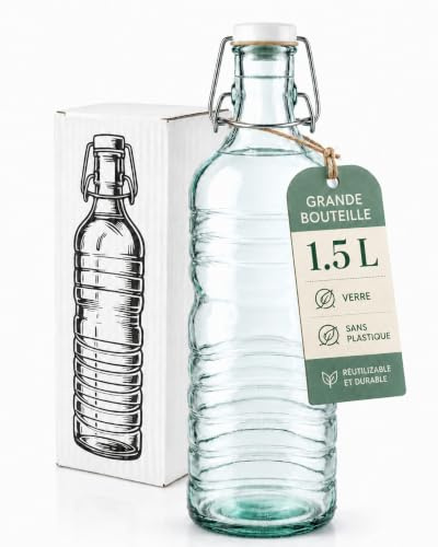 Viste-lo Botella Cristal Vidrio Reciclado Con Tapón Hermético Amarre Metálico Ecológica Resistente Para Agua Zumo Bebidas Frías Uso Diario Lavavajillas Oficina Hogar Cocina Exterior (RALLADA)