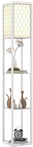 HOMCOM Stehlampe Wohnzimmer mit Regal mit E27 Fassung Weiß | Stehleuchte, Standleuchte, für Schlafzimmer, Wohnzimmer, Exkl. Glühbirne