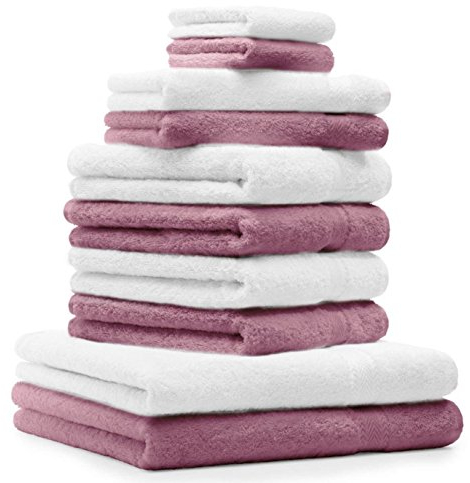 Betz 10-TLG. Handtuch-Set Premium 100% Baumwolle 2 Duschtücher 4 Handtücher 2 Gästetücher 2 Waschhandschuhe Farbe Altrosa & Weiß