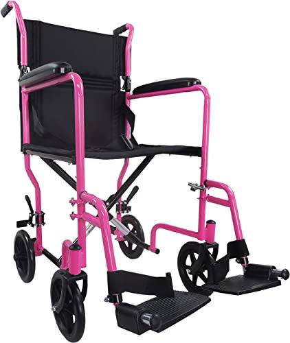 Aidapt Compact, Lightweight Folding Steel Transit Wheelchair with SOLID WHEELS. Lap Strap included, Padded PVC Armrests, Detachable Swing Away Footrests, Deluxe Padded Nylon Upholstery. 19 SEAT WIDTH. Carry Bag available to purchase separately. (PINK)