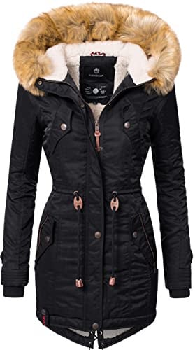 Navahoo Damen Wintermantel Warmer Parka lang mit Kapuze La Viva Schwarz Gr. XL