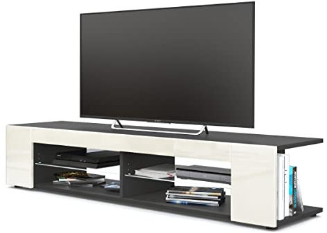 Vladon Lowboard Movie, TV-Kommode mit 4 offenen Fächern und Zierleisten, Schwarz matt/Creme Hochglanz (134 x 29 x 39 cm)