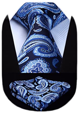 HISDERN Herren Krawatte Blume Paisley Hochzeit Krawatte & Einstecktuch Set Jacquard Blau Krawatten Taschentuch