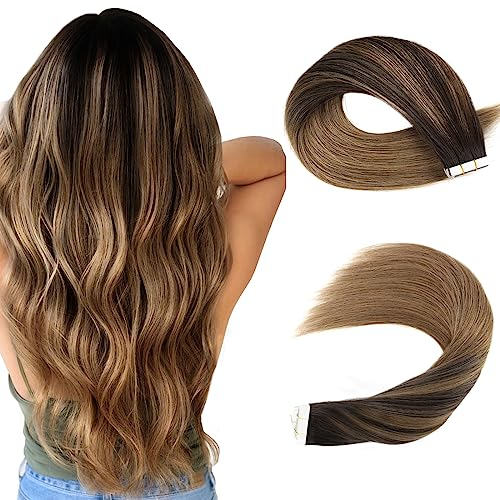 Sassina Tape Extensions Echthaar 35cm Balayage Dunkelbraun Übergehend zu Kastanienbraun Unsichtbar Wiederverwendbar Tape in Haarverlängerungen Remy Menschenhaar 20 Stück 50g #B2/6
