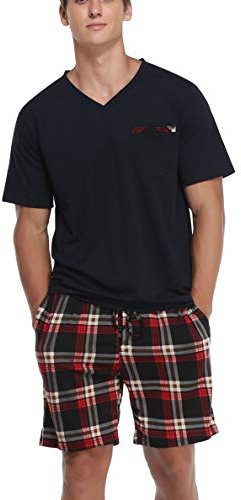 Vlazom Pyjama Homme Court Ensembles de Pyjama Ete à Manches Courtes Vêtement de Nuit à Carreaux avec Poches,Navy + Rouge,XXL
