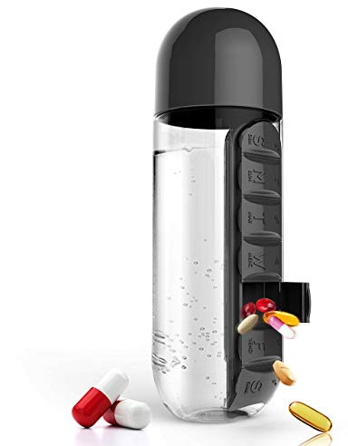 Bouteille d'eau portable 2 en 1 avec pilulier 7 jours pour les voyages et les médicaments le yoga, la course à pied, le cyclisme 600ml (noir)