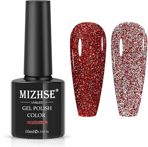 MIZHSE Glitter Gel Nail Polish, Red Reflective Sparkly Gel Nail Polish, UV Gels Diamond Sparkle, UV Polishes for Nails Art, 10ml, Red